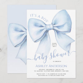 Convite Bow Blue & White Watercolor It's a Boy Baby Shower