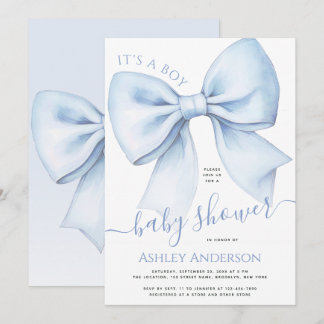Convite Bow Blue & White Watercolor It's a Boy Baby Shower
