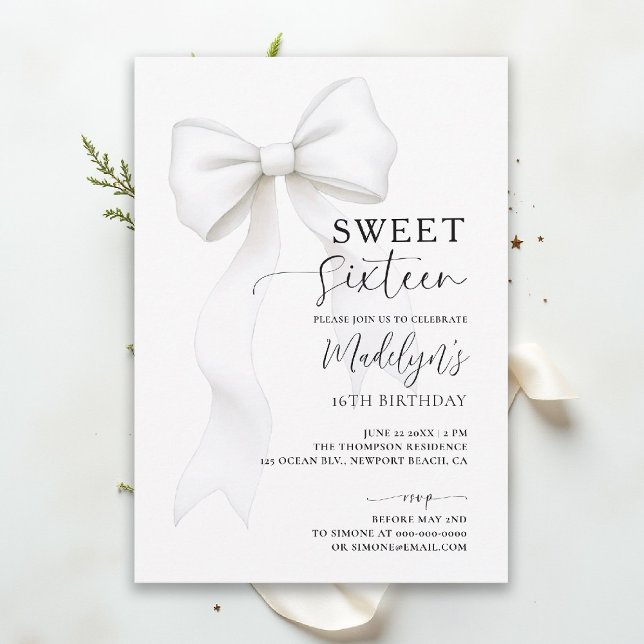 Convite Bow Chic Black White Elegant Calligraphy Sweet 16 (sweet sixteen birthday party invitation bow chic fashion simple classy black and white script)