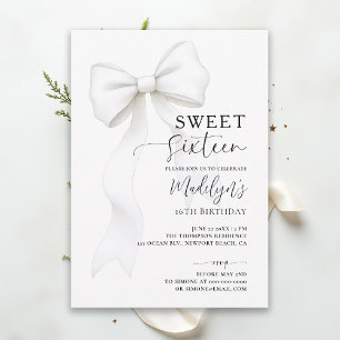 Convite Bow Chic Preto Branco Elegante Caligrafia Sweet 16