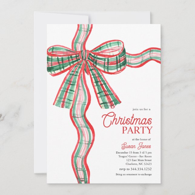Convite  Bow Christmas Party Invitation (Frente)