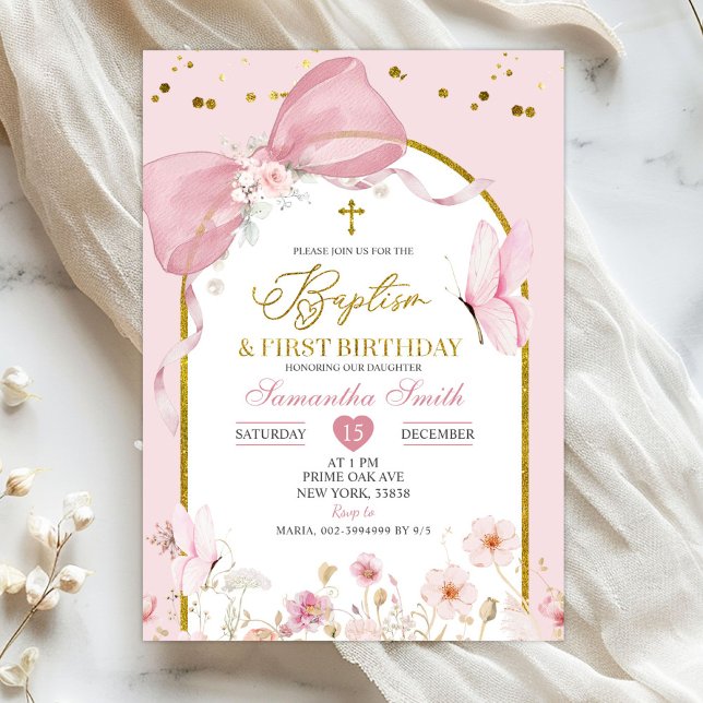 Convite Bow Coquette Blush Pink Baptism & 1st Birthday (Criador carregado)