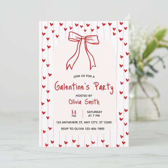 Convite bow coquette galentines party invite , red hearts  (Em pé/Frente)