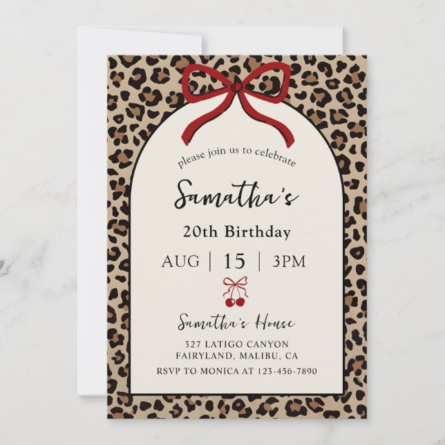 Convite Bow Coquette Leopard Cheetah Birthday Invitation (Frente)