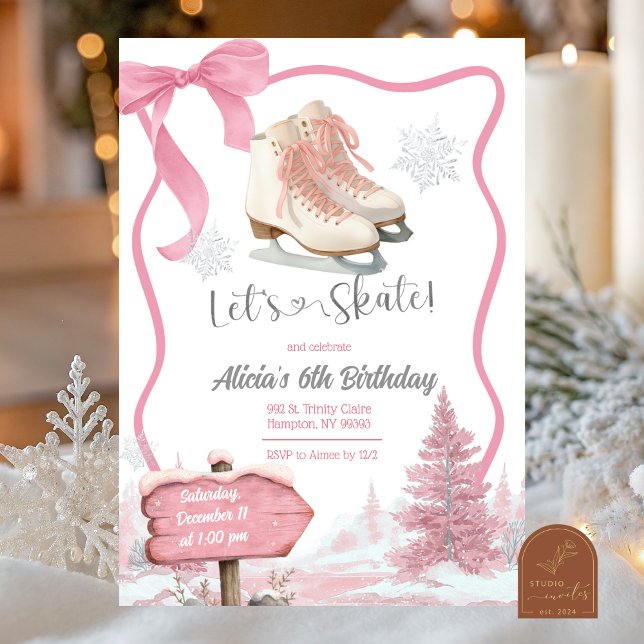 Convite Bow Coquette Pink Girl Let's Skate Birthday (Criador carregado)
