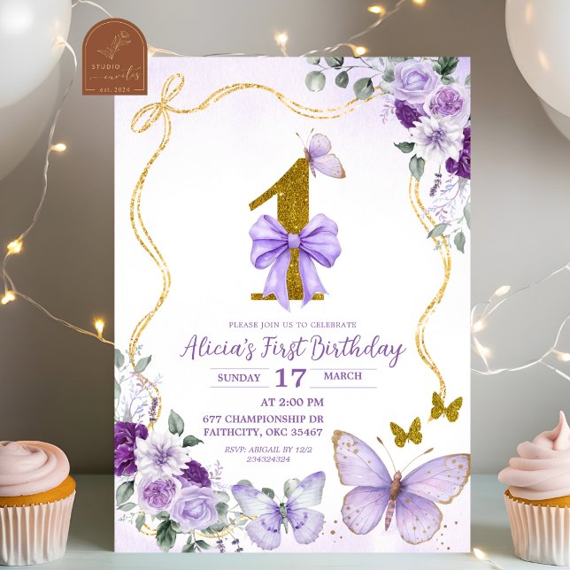 Convite Bow Coquette Purple Butterfly First Birthday (Criador carregado)