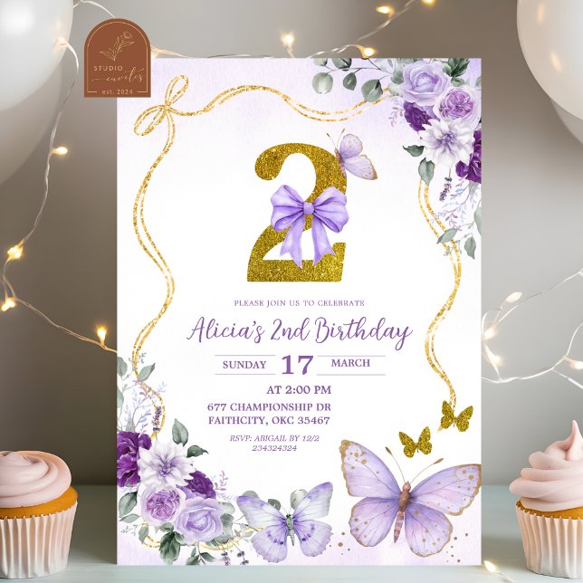 Convite Bow Coquette Purple Butterfly Second Birthday (Criador carregado)