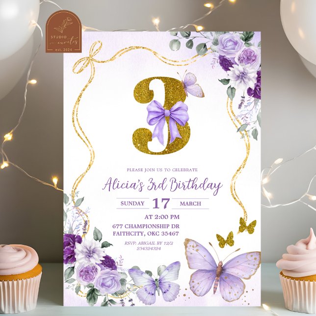 Convite Bow Coquette Purple Butterfly Third Birthday (Criador carregado)