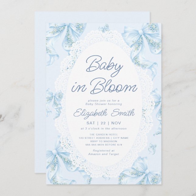 Convite Bow Floral Baby in Bloom Lace Blue Baby Shower (Frente/Verso)