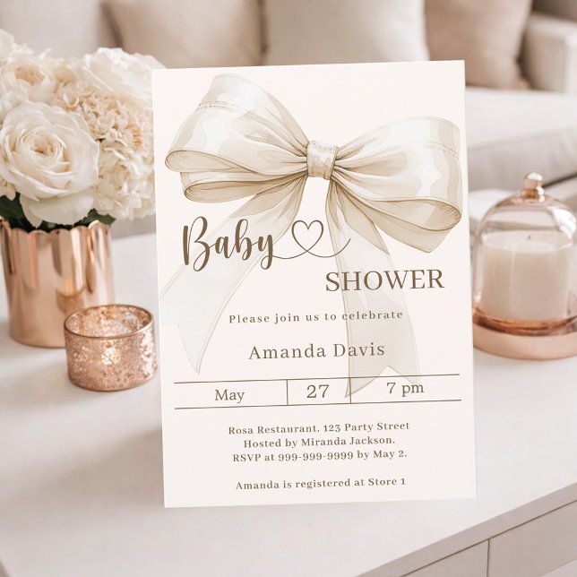 Convite Bow gender neutral beige ivory Baby Shower (Criador carregado)