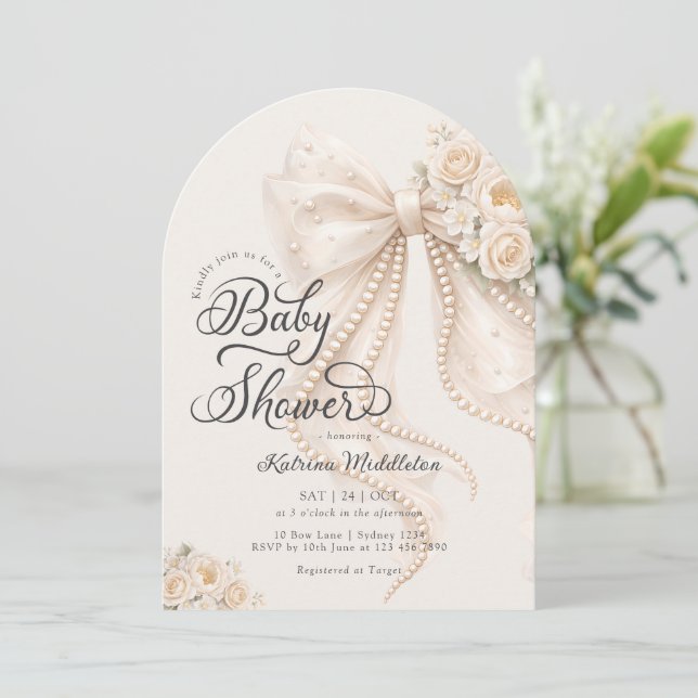 Convite Bow Girl Baby Shower (Em pé/Frente)