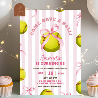 Convite Bow Girl Softball Birthday Game time