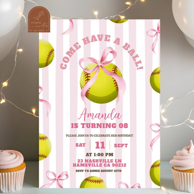 Convite Bow Girl Softball Birthday Game time (Criador carregado)