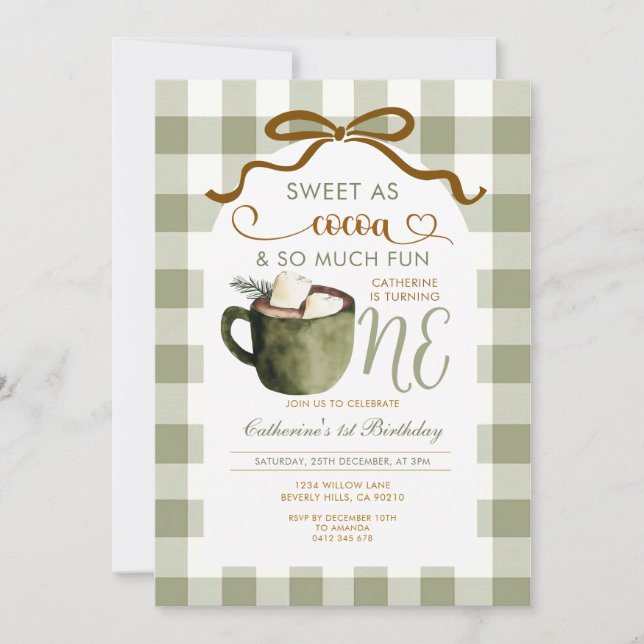 Convite Bow Hot Cocoa 1st birthday Sage Green Gingham (Frente)