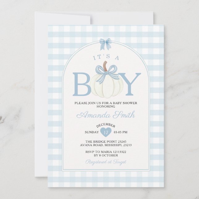 Convite Bow It's A Boy Pumpkin Baby Shower Blue Gingham (Frente)