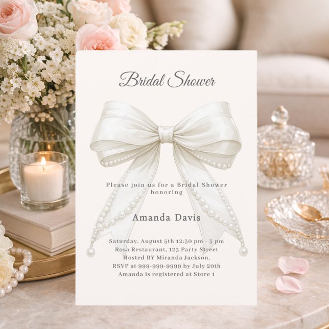 Convite Bow ivory pearls elegant Bridal Shower (Criador carregado)