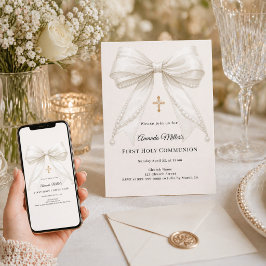 Convite Bow ivory pearls girl elegant First Communion