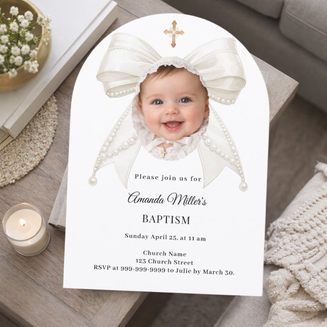 Convite Bow Ivory Pearls Photo Girl Elegant Baptism Arch (Criador carregado)
