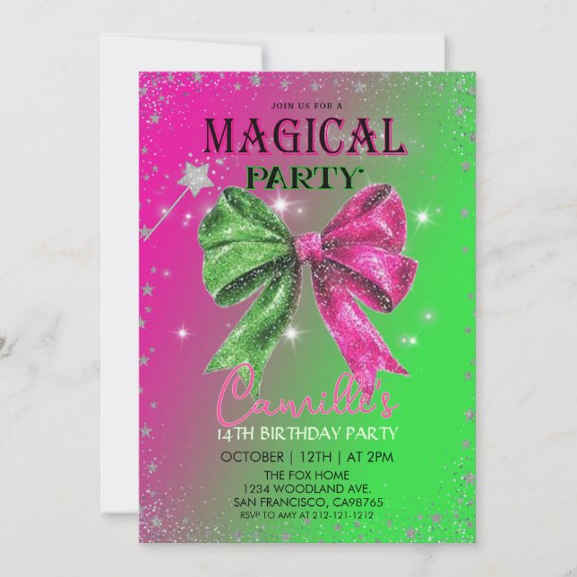 Convite  Bow pink & green magical Birthday Party  (Frente)