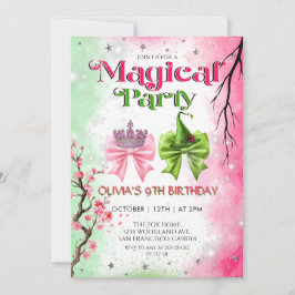 Convite Bow pink & green Magical Witchy Birthday
