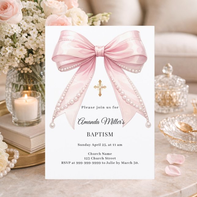 Convite Bow Pink Pearls Girl Elegant Baptism (Criador carregado)
