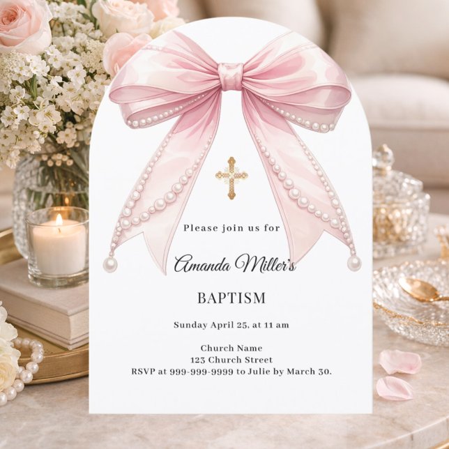 Convite Bow Pink Pearls Girl Elegant Baptism Arch (Criador carregado)