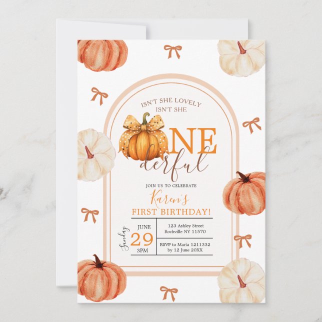 Convite Bow Ribbon Isn't She Onederful Pumpkin Gingham (Frente)