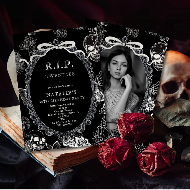Convite Bow Skull RIP 20s 30th Birthday Party Youth Photo (Bow Skull RIP 20s 30th Birthday Party Youth Photo Invitation)