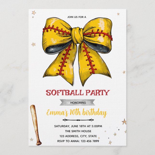 Convite Bow softball party invitation (Frente)