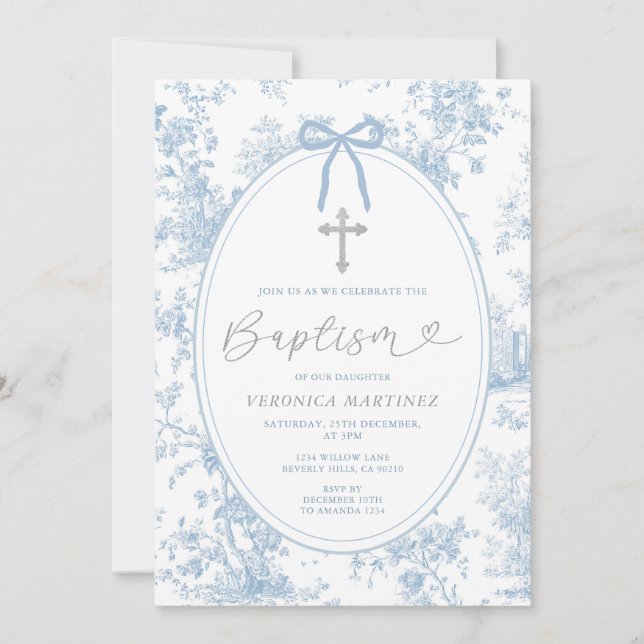 Convite Bow Something Blue Vintage Baptism Silver Glitter (Frente)