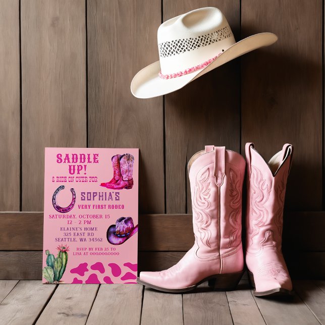 Convite Bowgirl Ocidental Rosa Primeiro Rodeo Girls Aniver (Pink Western Cowgirl First Rodeo Girls Birthday Invitation)