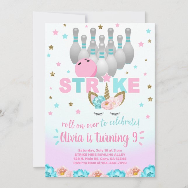 Convite Bowling and unicorn girl birthday invite. (Frente)