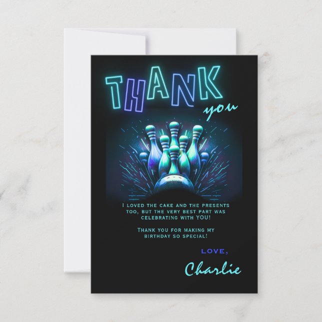 Convite Bowling Birthday Thank You Card Boys Blue Neon (Frente)
