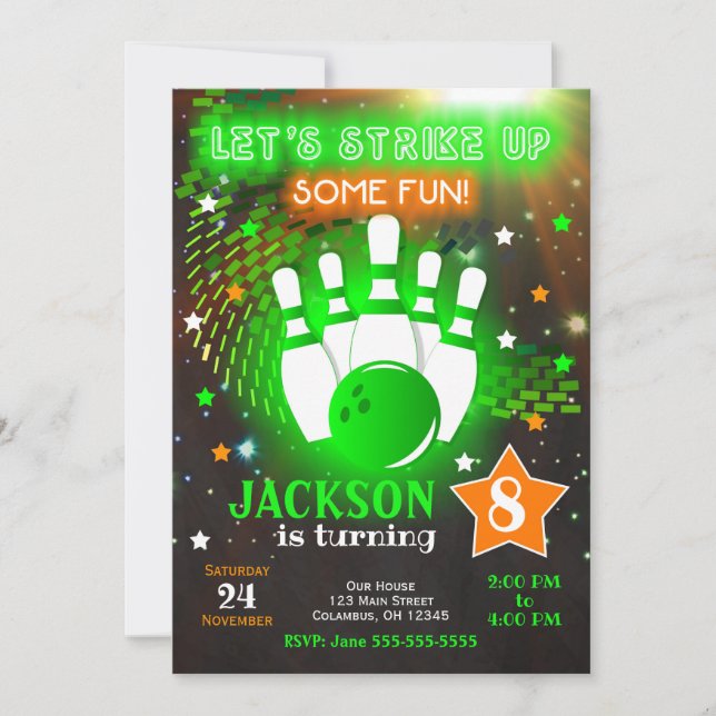 Convite Bowling Invitation Glow Neon Boy Bowling Birthday (Frente)