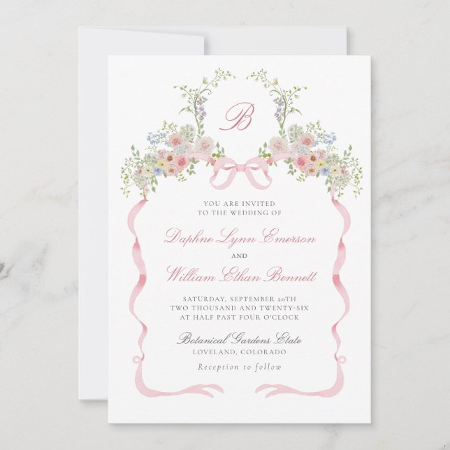 Convite Bows and Wildflowers Wedding Invitation (Frente)