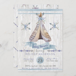 Convite Boy Baby Blue Chá Boho Chic Teepee & Arrows