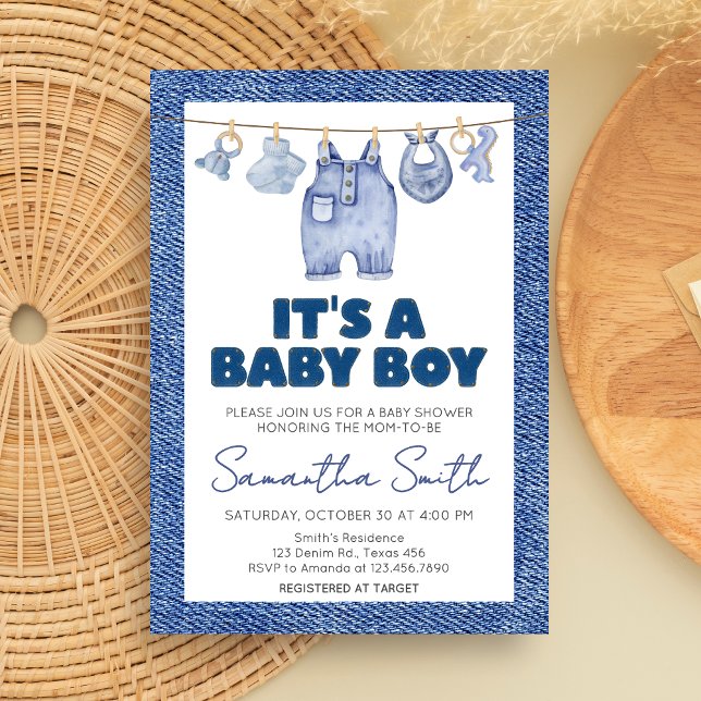 Convite Boy Baby Blue Jean Chá de fraldas (Blue Jean Denim Baby Shower Invitation)