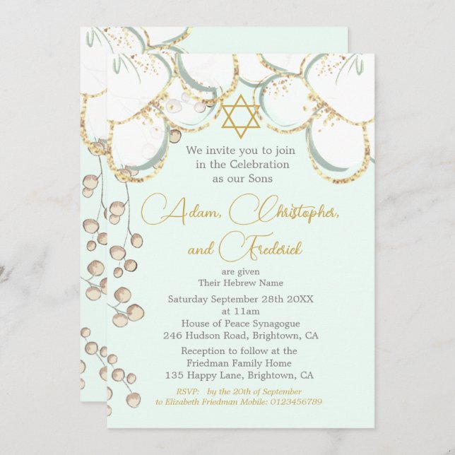 Convite Boy Baby Hebrew Twin Triplet Ceremony (Frente/Verso)