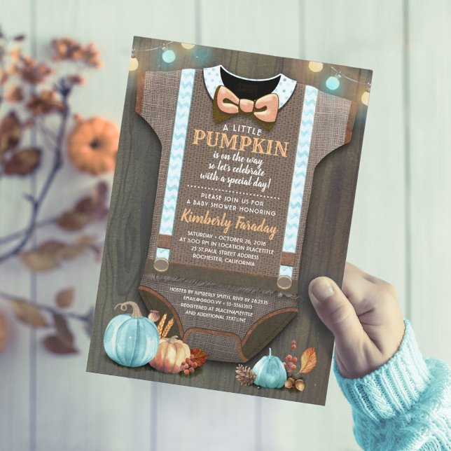 Convite Boy Baby Shower Fall Pumpkin Rustic Burlap Wood (Orange and Blue Rustic Fall Baby Shower Invitations)