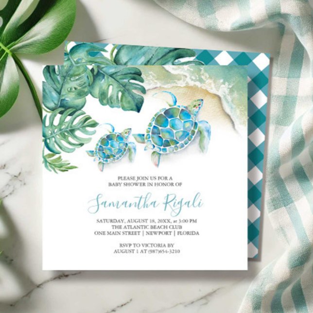 Convite Boy Baby Shower Invoca Aquarela Tropical (boy baby shower watercolor sea turtle tropical beach art by Victoria Grigaliunas Do Tell A Belle)