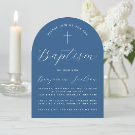 Convite Boy Baptism Arch Classic Blue Script & Cross