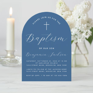 Convite Boy Baptism Arch Classic Blue Script & Cross