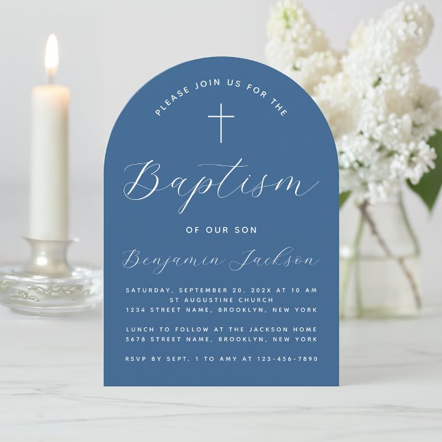 Convite Boy Baptism Arch Classic Blue Script & Cross (Criador carregado)