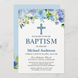 Convite Boy Baptism Blue Hydrangea Watercolor Floral