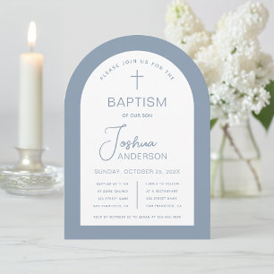 Convite Boy Baptism Dusty Blue White Arch Script Moderno