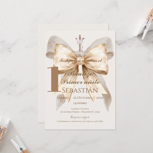 Convite Boy Baptism Invitation in Spanish Boho (Frente/Verso In Situ)