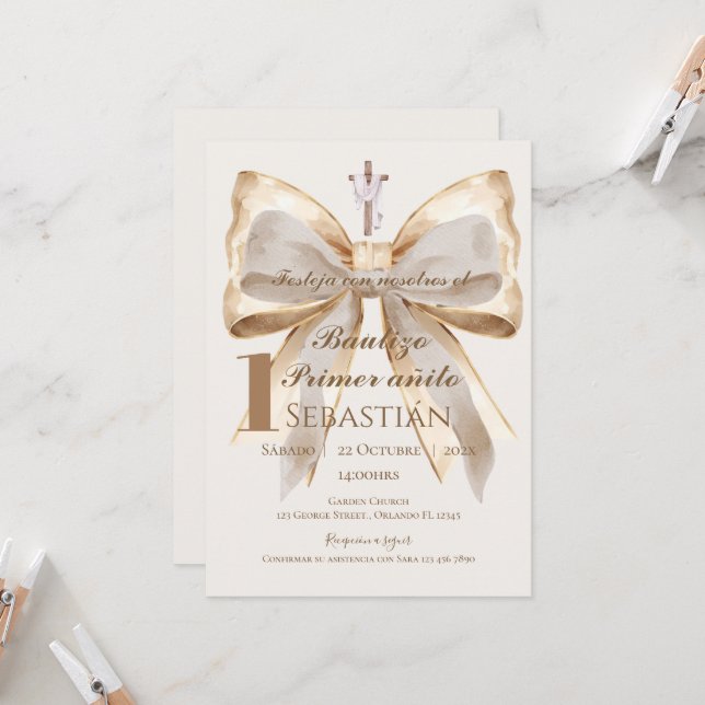 Convite Boy Baptism Invitation in Spanish Boho (Frente/Verso In Situ)