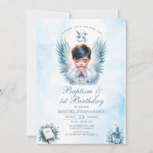 Convite Boy Baptism & primeiro aniversario Blue Floral Cro