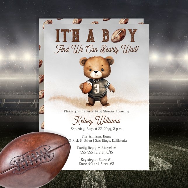 Convite Boy Barly Espera Chá de fraldas Americano de Futeb (Cute "It's A Boy And We Can Bearly Wait!" Teddy Bear Football Player Sports Baby Shower Invitation)