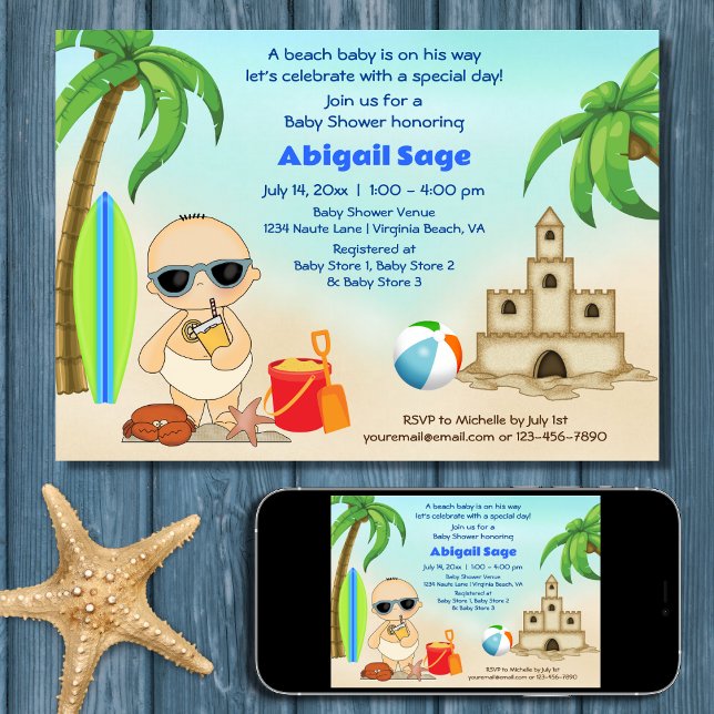 Convite Boy Beach Baby Sandcastle, Chá de fraldas de surfb (Printed and Digital - Boy Beach Baby Sandcastle, Surfboard Baby Shower Invitation)